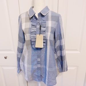 NWT Burberry blue white check lace collar blouse shirt - size 4